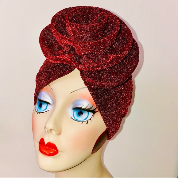 House Of Adornments Accessories - Gorgeous wine sparkle metallic flower turban pinup